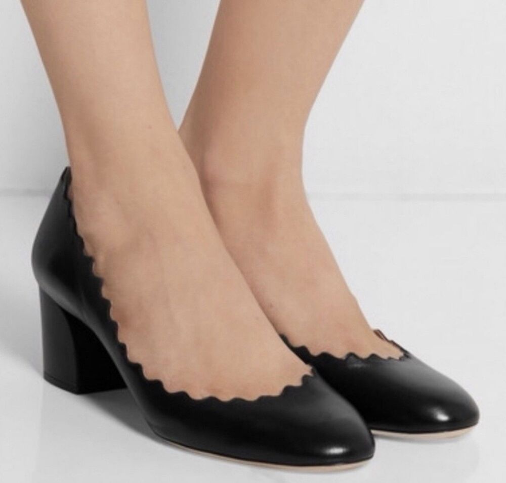 Chloe Lauren Pumps Sz 9.5 Black Leather Scalloped Block Heel Shoes Italy 39.5